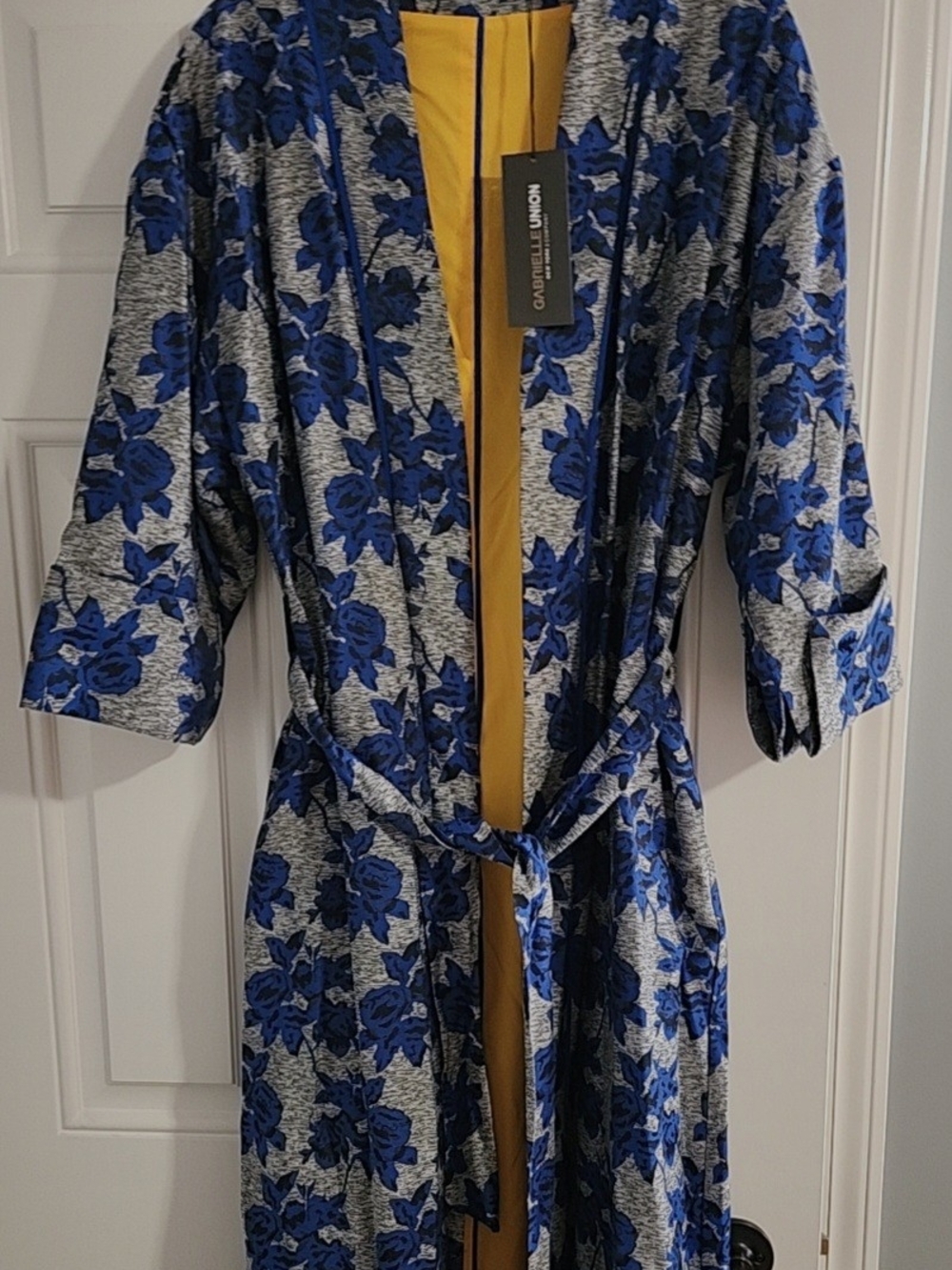 New York & Company Gabrielle Union Blue Floral Kimono w/Self-Tie Waist